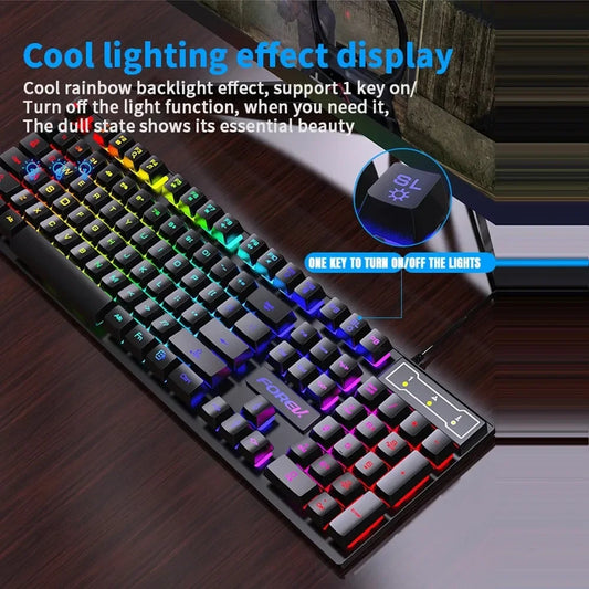 Teclado mecánico retroiluminado de 104 teclas con cable, teclado para juegos, resistente al agua, luminoso, con ratón incluido para PC, portátil y oficina.