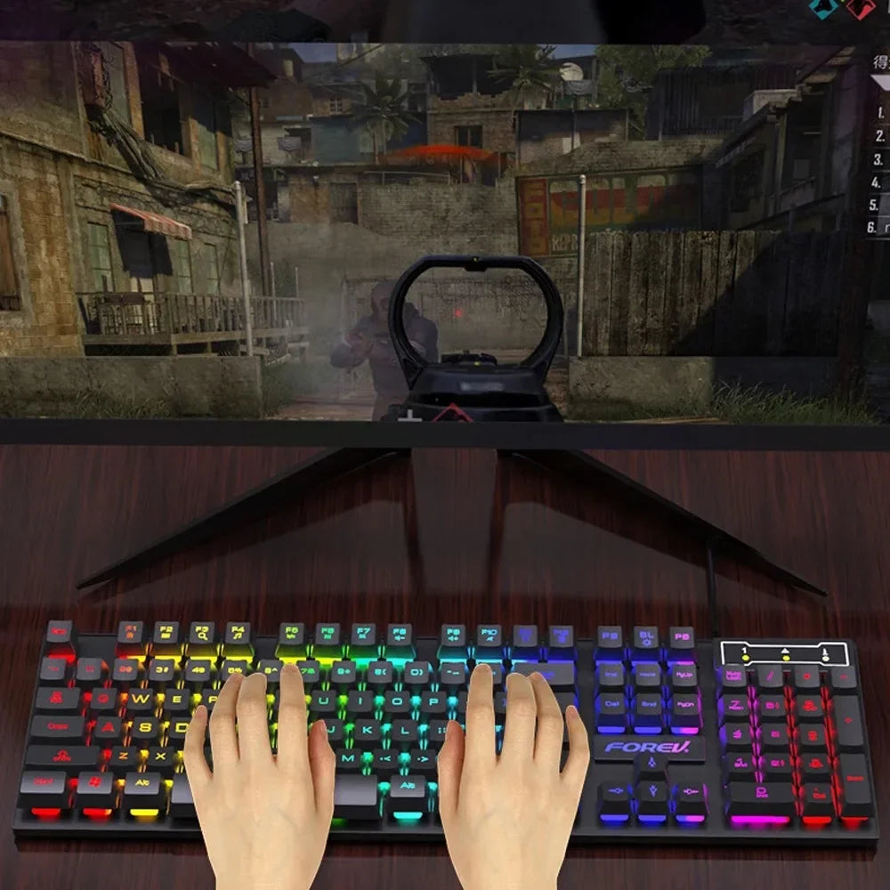 Teclado mecánico retroiluminado de 104 teclas con cable, teclado para juegos, resistente al agua, luminoso, con ratón incluido para PC, portátil y oficina.