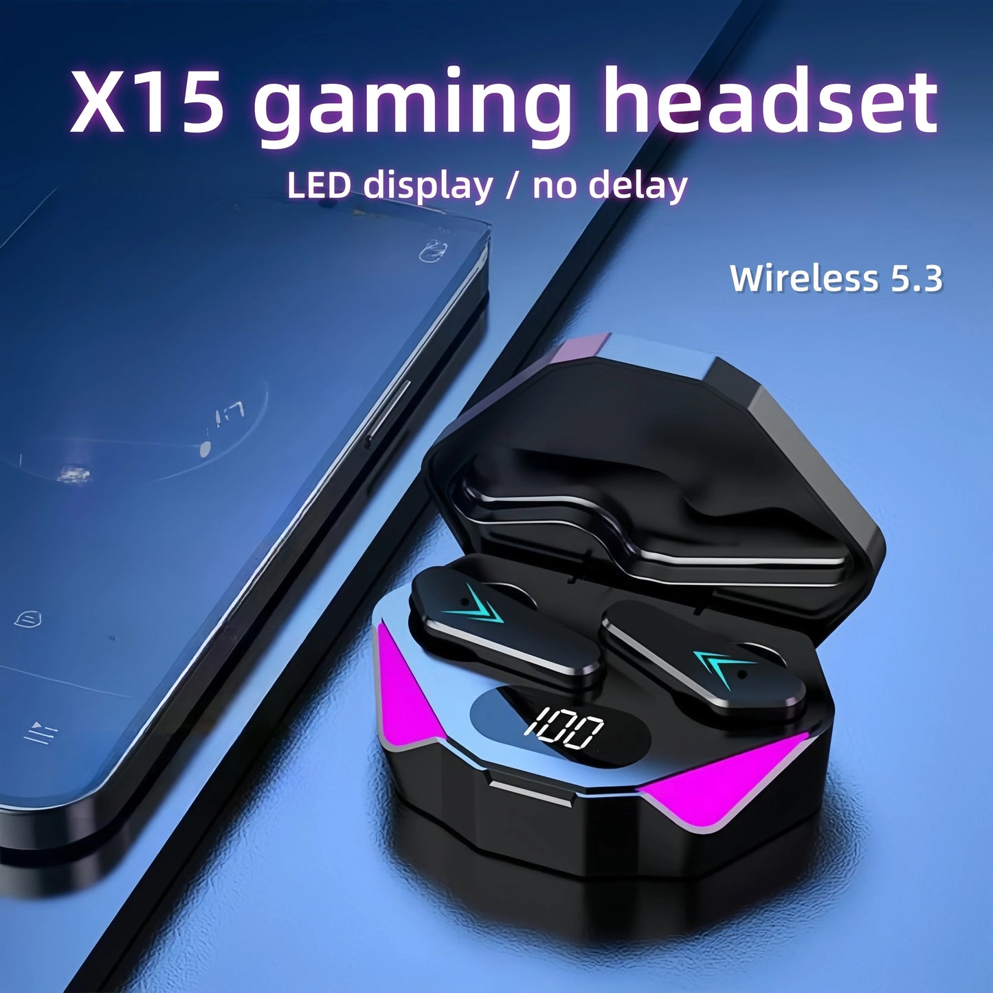 Auriculares inalámbricos Bluetooth X15 TWS con pantalla LED, ideales para gamers, con micrófono y cancelación de ruido.