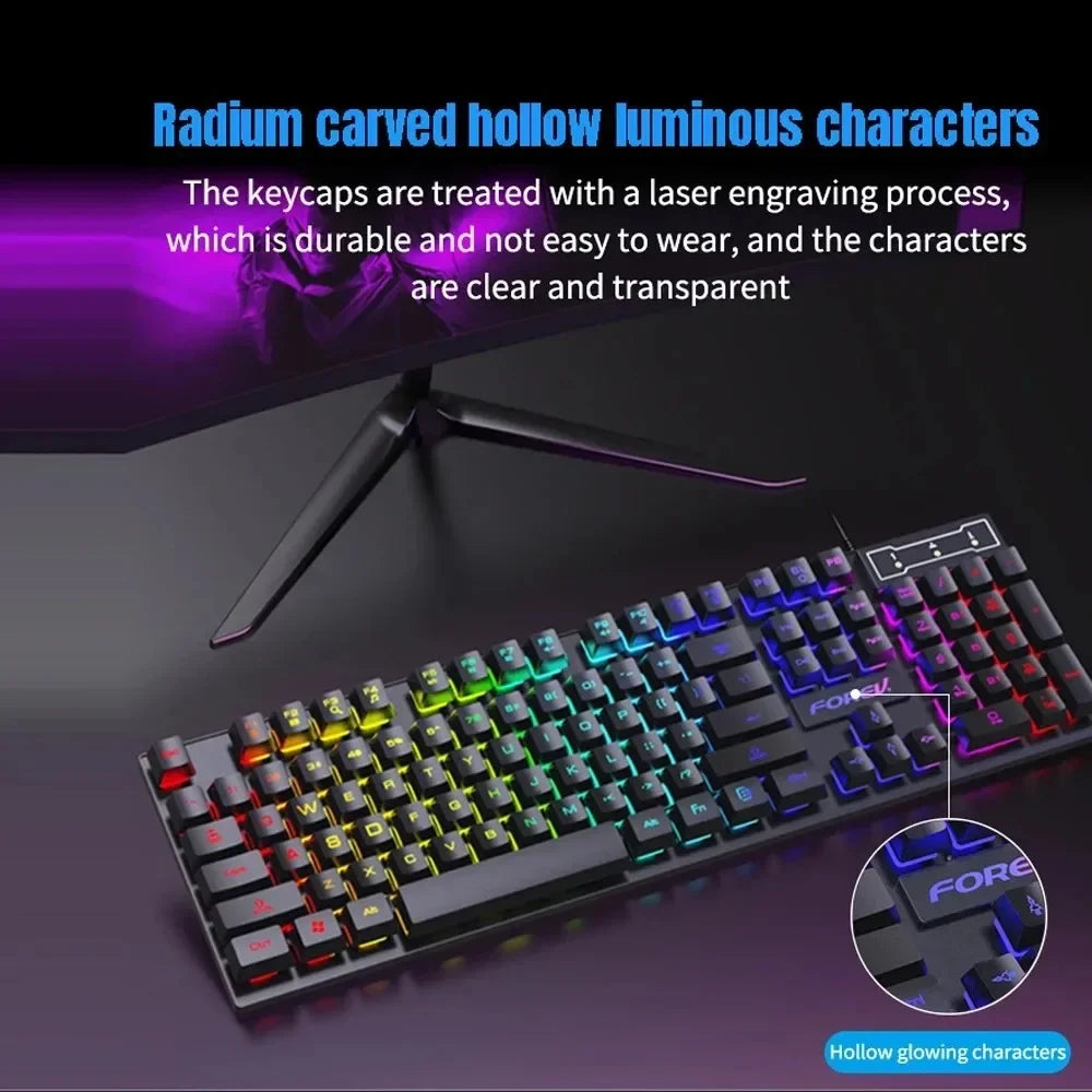 Teclado mecánico retroiluminado de 104 teclas con cable, teclado para juegos, resistente al agua, luminoso, con ratón incluido para PC, portátil y oficina.