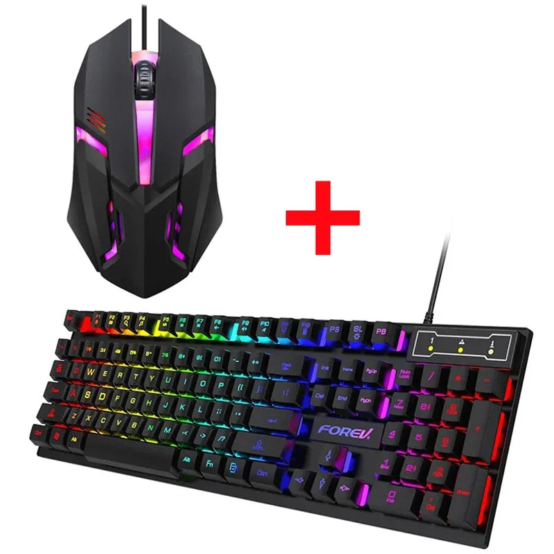 Teclado mecánico retroiluminado de 104 teclas con cable, teclado para juegos, resistente al agua, luminoso, con ratón incluido para PC, portátil y oficina.