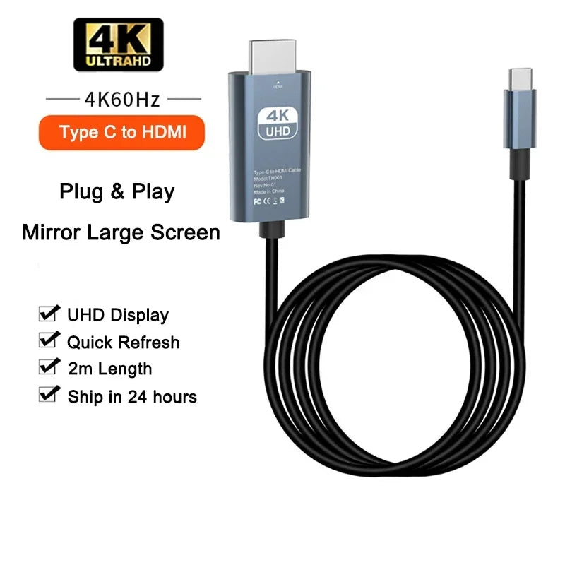 Cable USB C a HDMI de 2 m/6,6 pies, 4K, 30/60 Hz, convertidor de TV HD USB C a HDMI para iPhone 15, MacBook Pro/Air, iPad y portátiles Samsung.